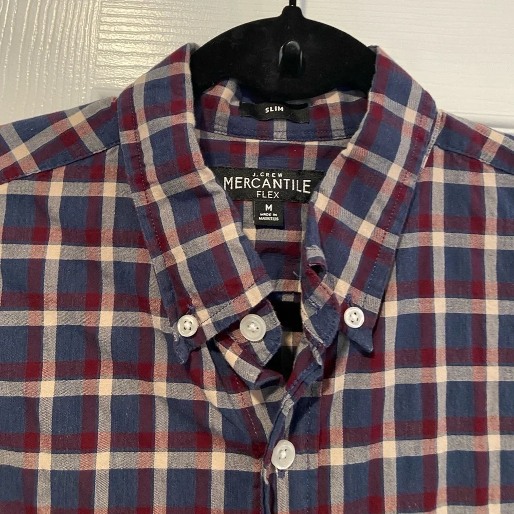 J. Crew Mens Size M Blue Burgundy Plaid Cotton Flex Slim Button Down Shirt